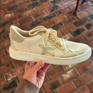White and Gold Women's Leather Sneakers - Stylish Casual Trainer